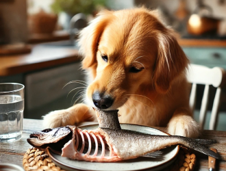 dog eating fish