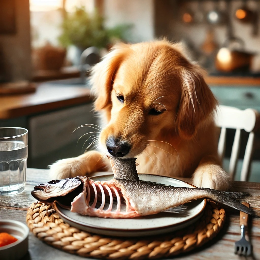 dog eating fish